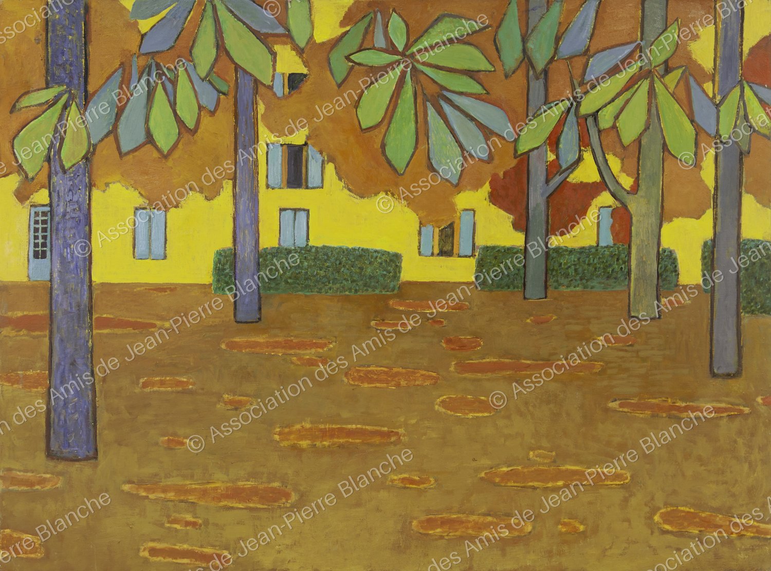 Marronniers et façade jaune